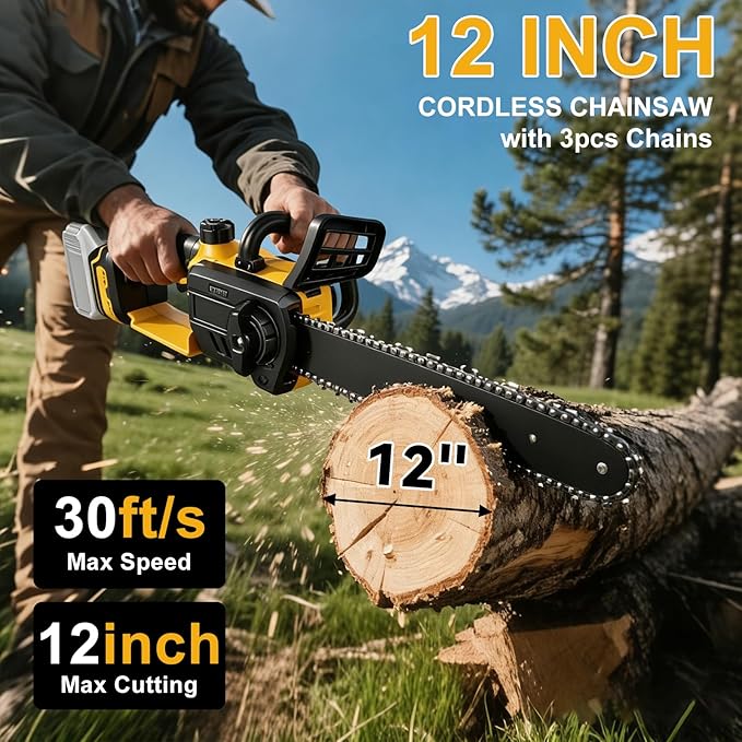 12 Inch Brushless Chainsaw Cordless for Dewalt 20V Battery, Handheld Electric Chain Saw with 3 Chains, Tool-free Chain Tension and Auto Oiling for Wood Cutting Tree Trimming (Battery Not Included)