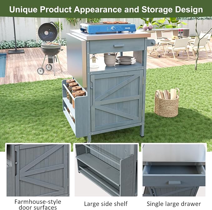 Solid Wood Outdoor Small Grill Table Kitchen Island with Stainless Steel Drop Leaf, Farmhouse Serving Cart with Drawer and Wheels, Outdoor Bar Table for Patio, Lawn Garden, Kitchen, Grey Blue