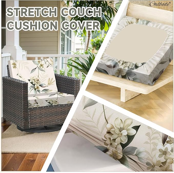 CALBODE 12 Pcs Stretch Outdoor Seat Cushion Covers, Washable Chair Seat Cover for Patio Furniture Cushions Soft Indoor and Outdoor Couch Cover Replacement (Beige Botanical, Cover Only)