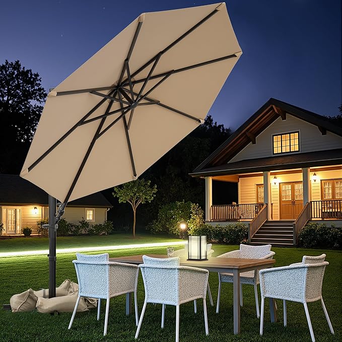 Greesum 10FT Outdoor Patio Umbrella with High Pedel and 4 Gear Heights, Large Offset Market Umbrella with 360-degree Rotation, Without Base, Hanging Outdoor Shade for Garden, Lawn, Pool, Brown