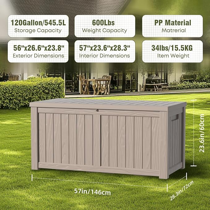 DRATO 150 Gallon Outdoor Storage Box Waterproof, Resin Large Deck Box for Patio Furniture Bench, Pool Garden Tools, Weatherproof Outside Storage Bin for Backyard Porch (Grey, 150 Gallon)