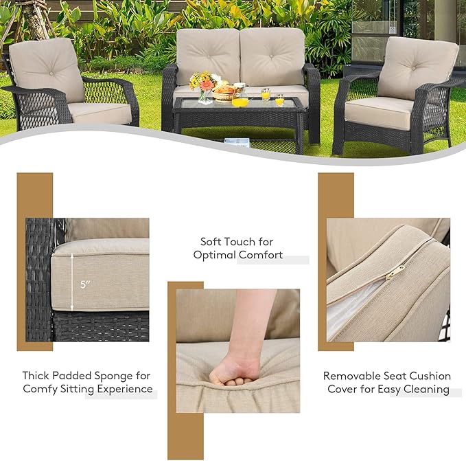 Tangkula 4 Pieces Outdoor Patio Furniture Set, Patiojoy PE Wicker Conversation Sofa Set with Tempered Glass Coffee Table, Sectional Rattan Patio Sofa Set for Garden, Backyard, Poolside (Beige)
