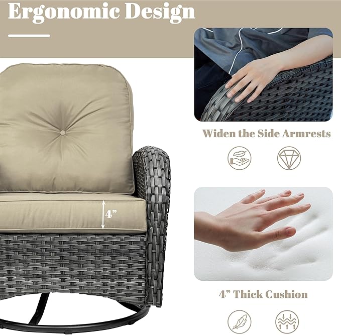 Patio Furniture Conversation Set with Ottomans, 5 Piece Wicker Patio Swivel Rocking Chairs with 360° Swivel Glider and Glass Coffee Table for Porch, Deck, Garden,Beige