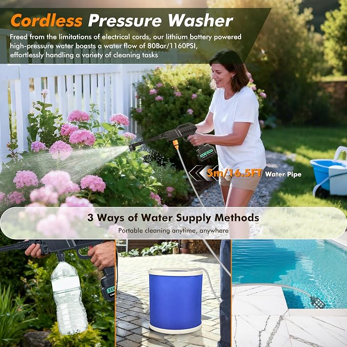 Cordless Pressure Washer, 1450 PSI Portable Battery Power Washer, Cordless Pressure Jet Washer with 6-in-1 Adjustable Nozzle, with 2×3.0Ah Batteries, Charger, 5m Hose for Vehicle, Driveway Deck