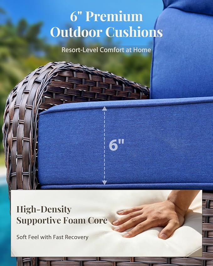 Patio Furniture Set with Luxury 6" Cushions, 5 Pcs High Back Swivel Rocking Patio Chairs and Couch, Outdoor Wicker Conversation Set for Deck, Porch, Backyard, Poolside, Blue