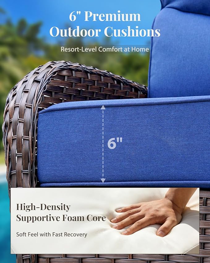 Patio Furniture Set with Luxury 6" Cushions, 5 Pieces Swivel Rocking High Back Patio Chairs and Ottoman, Outdoor Wicker Conversation Set for Deck, Porch, Backyard, Poolside, Blue