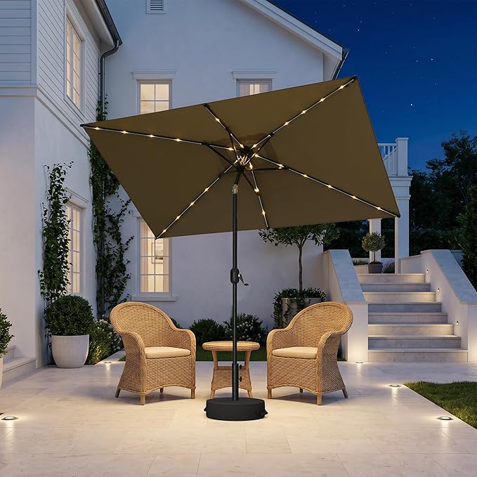 PURPLE LEAF 5' x 8' Rectangular Patio Umbrella with Solar LED Outdoor Table Umbrella Aluminum Frame Market Umbrella Sun Umbrella for Garden Deck Lawn Pool Beige
