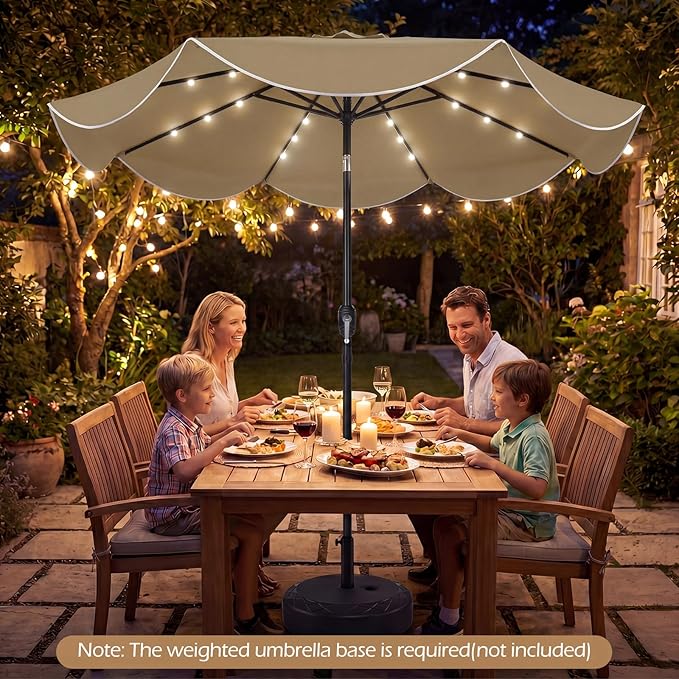 Tangkula 9 FT Solar Patio Umbrella, 2-Tiers Outdoor Scalloped Table Umbrella with 24 LED Lights, Tilt Adjustment, Crank, 8 Ribs for Market Backyard Pool Deck Beach Lawn