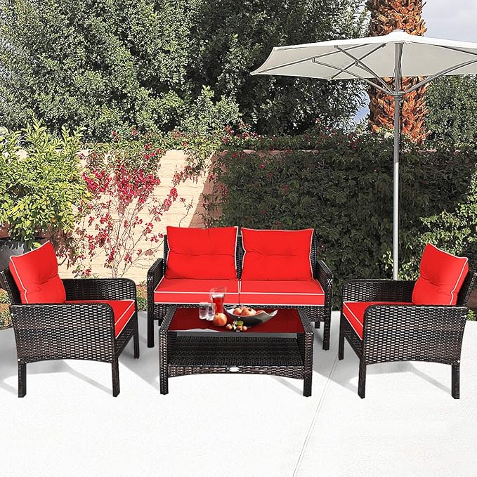 HAPPYGRILL 4-Piece Patio Furniture Set Outdoor Rattan Wicker Sofa Set with Cushions & Coffee Table, Conversation Sofa Set with Tempered Glass Table Top and Storage Shelf