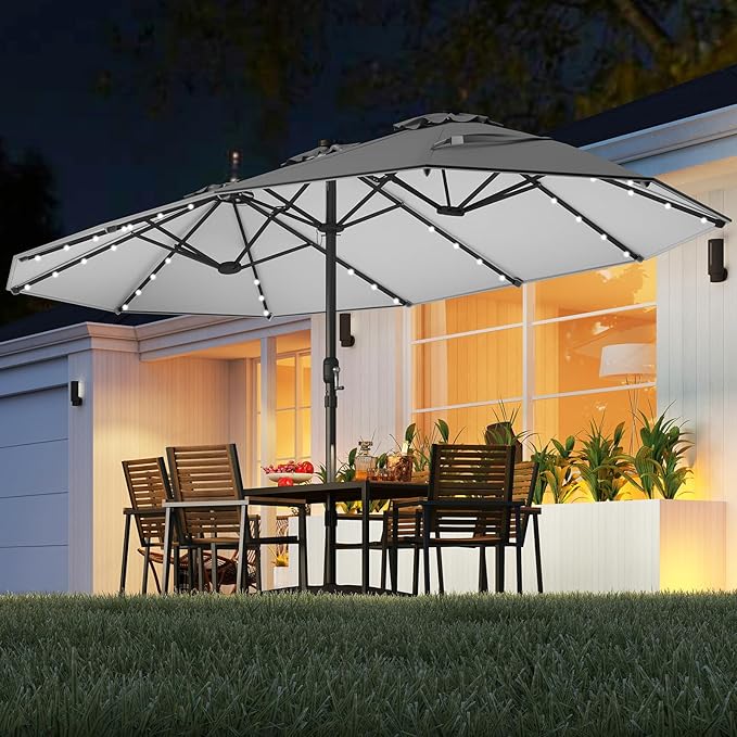 Tangkula 15FT Double-Sided Solar Patio Umbrella, Extra-Large Outdoor Twin Umbrella with 48 LED Lights, Vented Top, Crank Handle, 12 Ribs, Weighted Base Included for Backyard Poolside Deck (Gray)