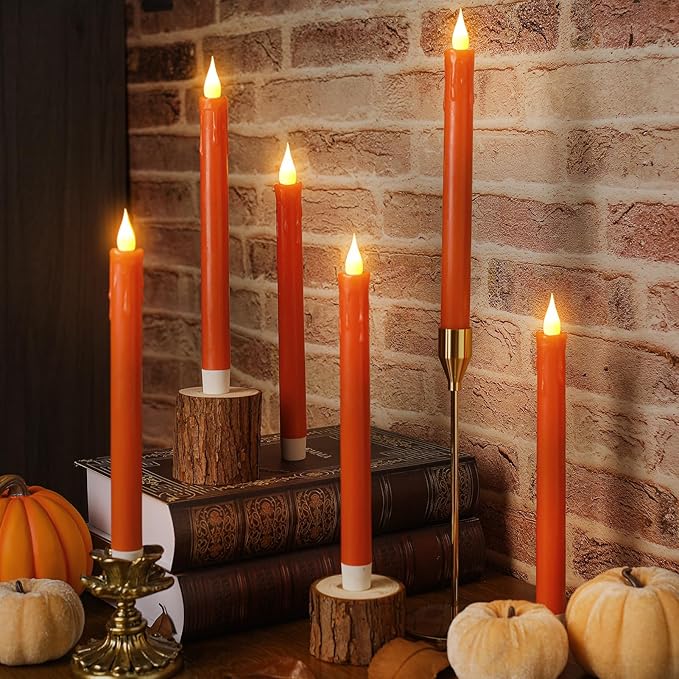 6PCS Thanksgiving Flameless Taper Candles - Orange Candles Battery Operated Flickering Real Paraffin Wax Dripping Wax 3D Wick Lights Led for Thanksgiving, Halloween, Fall Party Decorations