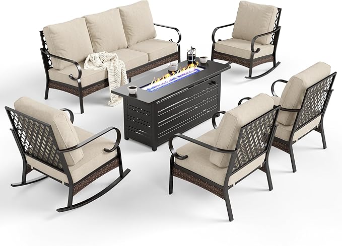 6 Piece Metal Outdoor Patio Furniture Sets with Firepit Table, Patio Conversation Sets 1 3-Seater Sofa, 2 Leg Chair and 2 Rocking Chair with 5.75" Cushion for Backyard Deck, Beige