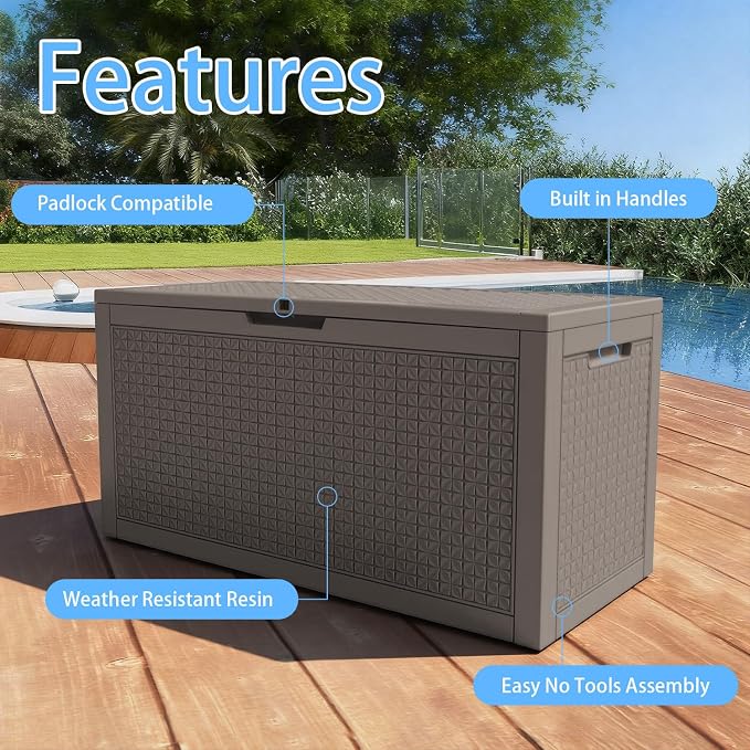 110 Gallon Outdoor Deck Storage Box, Weather Resistant Diamond Weave Lockable Storage Container for Patio, Pool, Backyard Large Volume Outdoor Organization (Grey,110GAL)