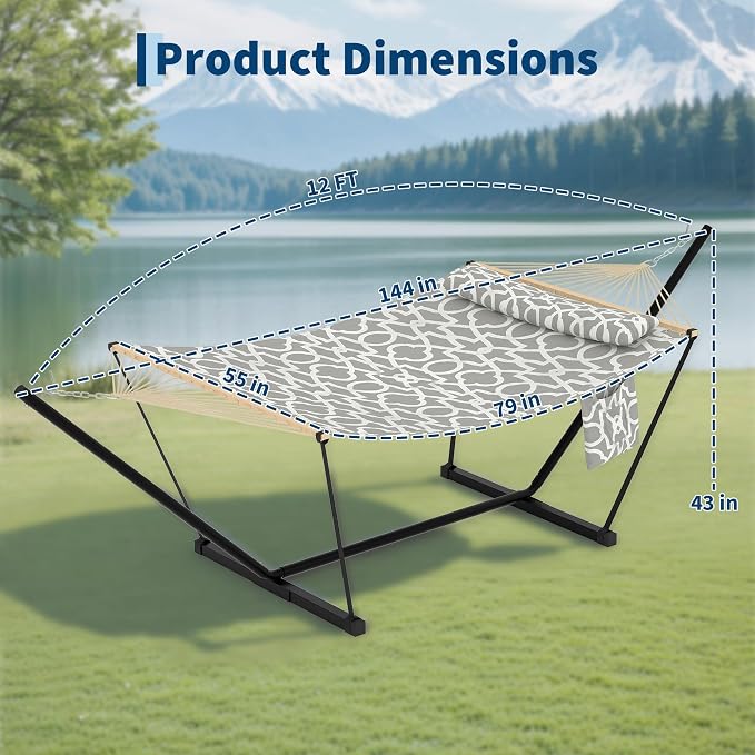Double Hammock with Stand, 450 Lbs Capacity 12FT Heavy Duty Portable 2 Person Hammock with Steel Frame & Anti-Tip Design, Easy 2-Minute Setup for Patio, Garden, Beach, Backyard