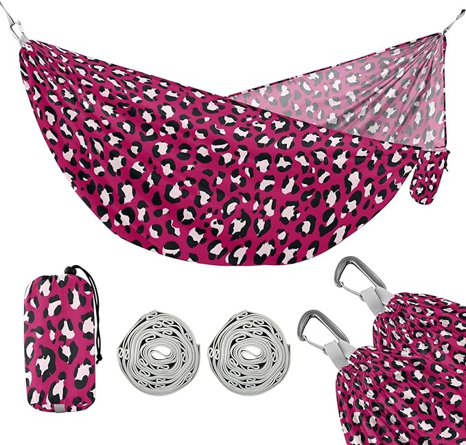 Camping Hammock Outdoor Hammocks for Outside Rose Red Leopard Cheetah Beach Trees Portable Lightweight with Pockets Tree Straps Indoor