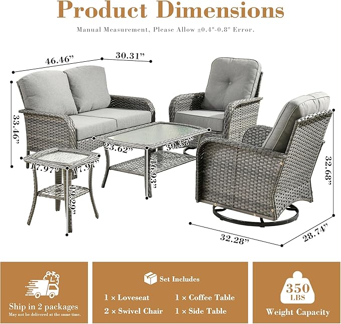 5 Pieces Patio Furniture Set, All Weather Rattan Patio Conversation Sets with Swivel Rocking Chairs, Coffee Table, High Back Outdoor Furniture Loveseat for Porch, Backyard,Dark Grey