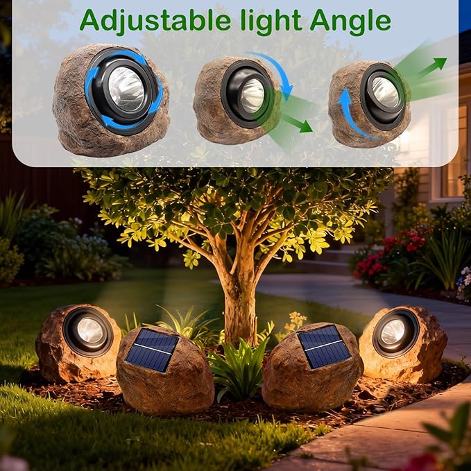 Solar Rock Lights Outdoor,2 Pack IP65 Waterproof LED Solar Brown Garden Stone Spotlights,Warm White & Cool White Switchable,Auto On/Off Landscape Lights for Pathway Walkway Yard Patio
