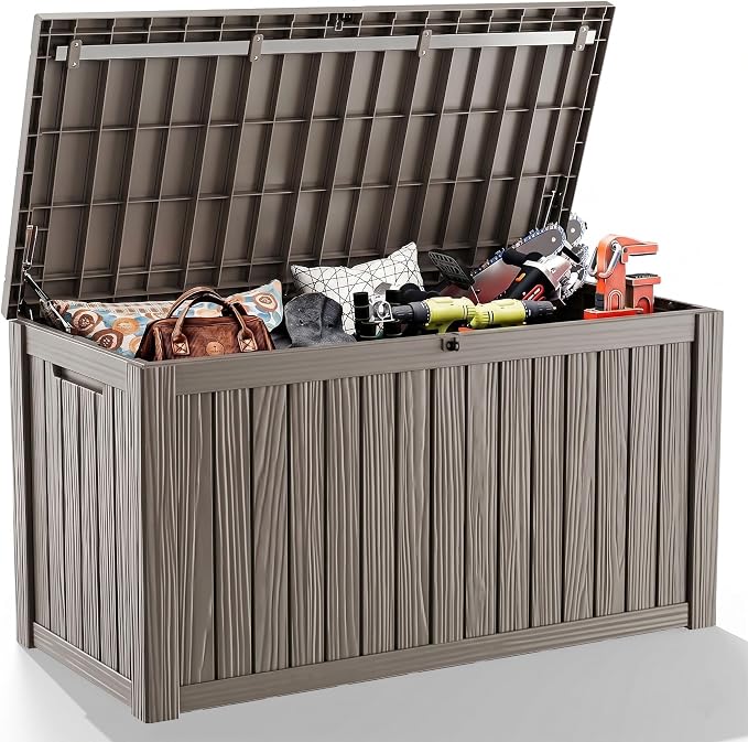 180 Gallon Outdoor Deck Box, Lockable Waterproof Outdoor Storage Boxes For Garden Tools,Indoor Cushions,Accessories Outside Storage Resin Weatherproof Container(Grey)