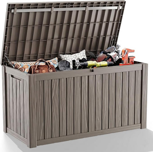 180 Gallon Outdoor Deck Box, Lockable Waterproof Outdoor Storage Boxes For Garden Tools,Indoor Cushions,Accessories Outside Storage Resin Weatherproof Container(Grey)