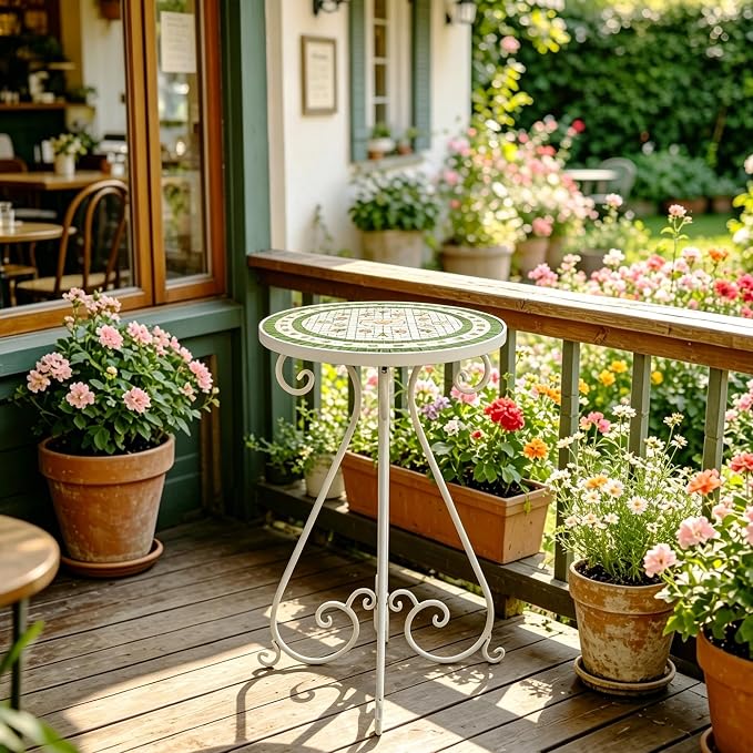 Outdoor Side Table & Mosaic Ceramic Plant Stand, 14" Metal Round End Table for Garden Home Patio Yard Porch Patio Decor Weather Resistant Outside Accent End Furniture (Flower#4)