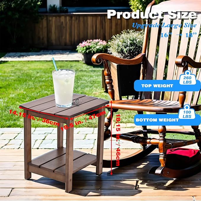 Outdoor Side Table, 2-Tier Small Outdoor Table for Patio, Adirondack Side Tables for Outside or Indoor (Dark Brown, 16 * 12.25 * 16.75)