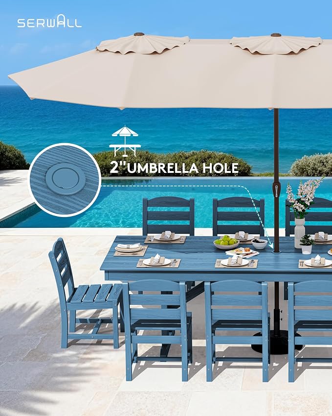 SERWALL 10 Piece Outdoor Dining Set with 15ft Triple-Head Foldable Umbrella(Based not Included), 84" HDPE Outdoor Table and Armless Chairs Set for 8, Blue