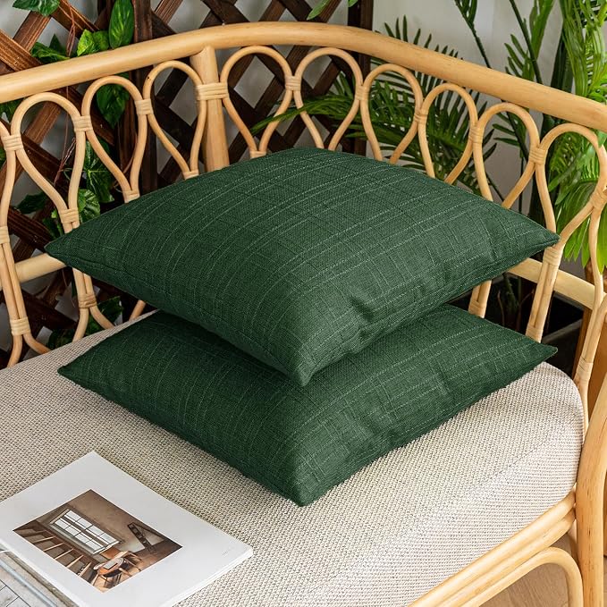 Kevin Textile Outdoor Waterproof 22”x22” Pillow Covers 2 Pack, Army Green | Water Resistant, Soft Faux Linen-cotton Yarn-dyed Woven Texture Throw Pillow Covers for Tent Patio Garden Couch Sofa