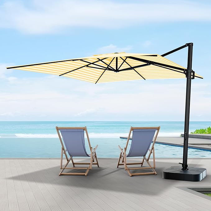 Midtown Umbrellas 9 x 9 Ft Outdoor Cantilever Patio Umbrella w/Terylast Yellow Stripes Fabric - Tilt 360° Offset Patio Umbrella, Deck Patio Umbrella, Backyard Umbrella & Garden Umbrella - Black Frame