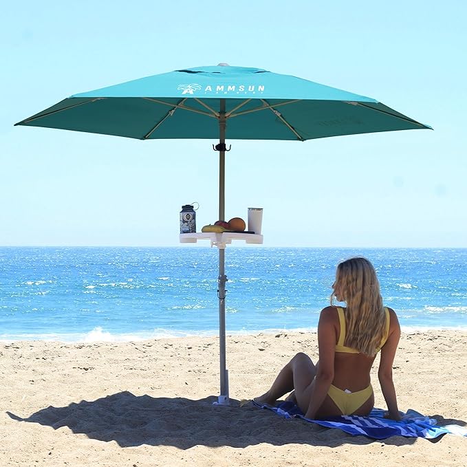 AMMSUN 8ft Large Beach Umbrellas for Sand Heavy Huty Wind Portable Commercial Grade Patio Beach Umbrella with Sand Anchor Adjustable Height Air Vent UPF 50+ Telescoping Pole without tilt Teal
