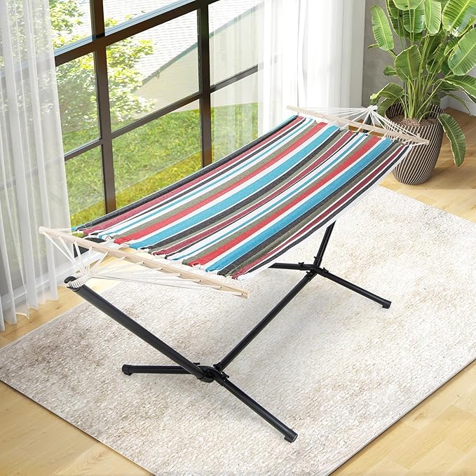 Tangkula Hammock with Stand, 10.5Ft Space Saving Steel Hammock Stand with Cotton Hammock & Carrying Bag, Indoor Outdoor Hammock Combo for Backyard, Patio, Porch