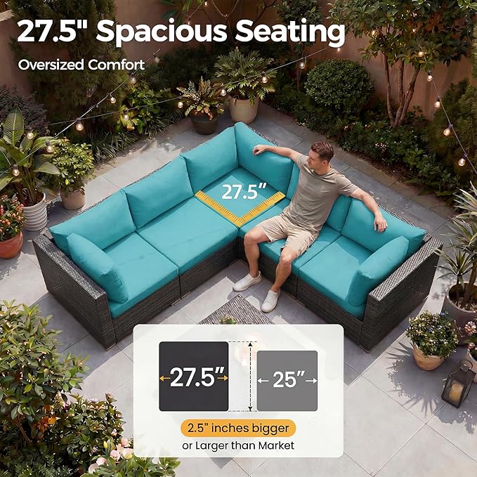 NICESOUL 18 Piece Outside Patio Set with Firepit and Loungers, Luxury Huge Complete Outdoor Sectional Sets with Fire Pit Table, 14-Seater Wide Deep Seated Sofa Modular for Deck,Poolside Gray&Turquoise