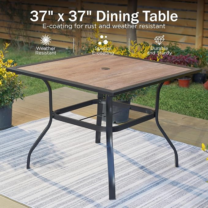 PHI VILLA Outdoor Table Chairs Set w/Umbrella, 5pc Patio Metal Furniture | 37" wrought iron square table w/ polywood top & stackable chairs for 4. 10ft blue umbrella. Dining set for deck, porch