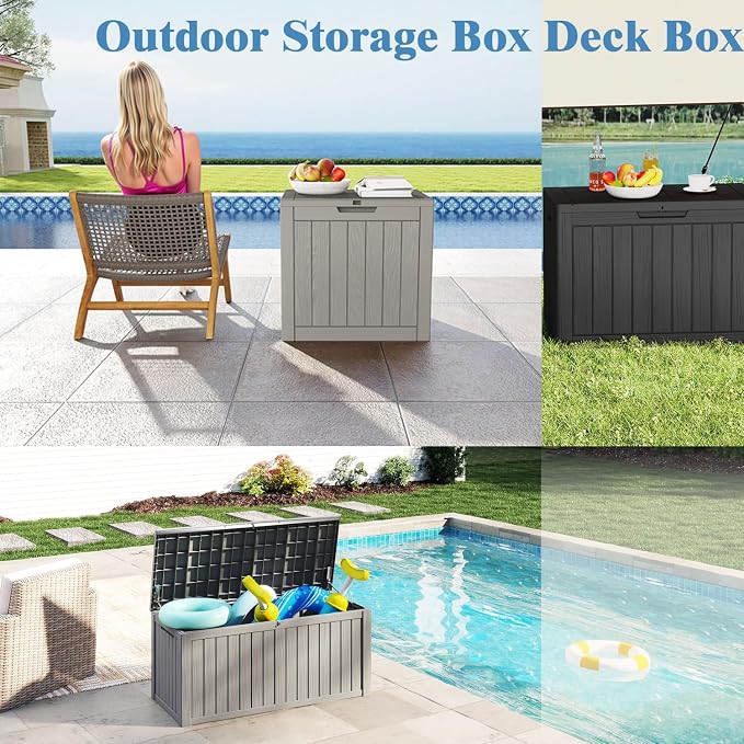 Outdoor Storage Box, 75 Gallon Waterproof Deck Boxes, Resin, Lockable Pool Deck Box for Garden Tools, Patio,Pool Accessories, Cushions, Large Delivery Boxes with Handle，Weatherproof & UV-Resistant