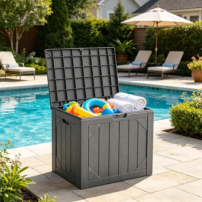 Outdoor Storage Box,30 Gallon Deck Box Outdoor Storage Bench Outside Waterproof Resin Storage Bench, Lockable Patio Cushions, Garden Tools Storage For Furniture, UV Resistant Gray