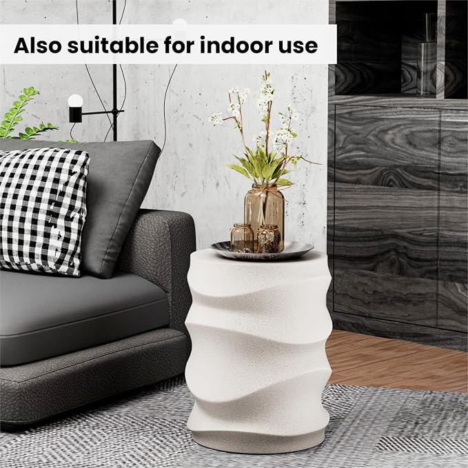 SUNBURY Outdoor Side Table, 18" H Concrete Accent End Table Streamlined, Small Round Cement Plant Stands Table, Decorative Garden Stools for Backyard, Spotted White