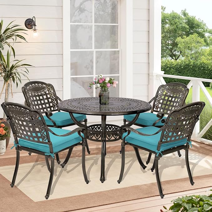 5-Piece Outdoor Patio Dining Set, All-Weather Cast Aluminum Patio Furniture Set for Backyard Garden Deck with 4 Chairs, 4 Cushions and 38.5" Round Table, 2" Umbrella Hole, Blue