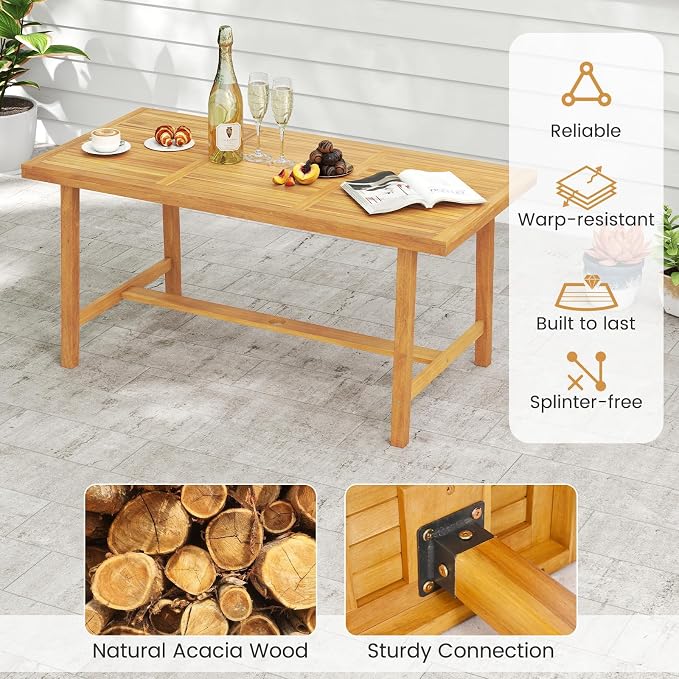 Tangkula 63-Inch Acacia Wood Patio Dining Table for 6, Heavy-Duty Indoor Outdoor Rectangular Table with 1.97" Umbrella Hole, Large Farmhouse Outside Dining Table for for Backyard, Garden, Porch, Deck