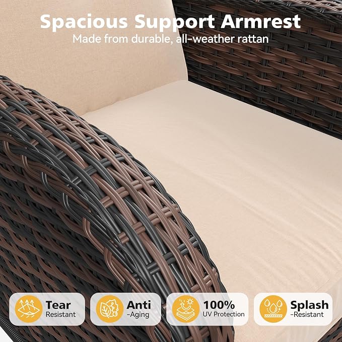 Aoxun 14 Piece Outdoor Patio Furniture Set with 44'' Fire Pit Table, Wicker Rattan Outdoor Furniture with High Back Swivel Rocker Chairs, Outdoor Conversation Set with Thick Cushion, Beige