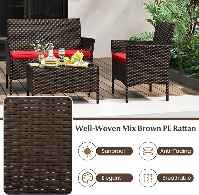 Tangkula 4 Piece Patio Rattan Conversation Set, Outdoor Wicker Furniture Set with Chair, Loveseat & Tempered Glass Table, Cozy Seat Cushions, Outside Sectional Sofa Set for Backyard, Porch (1, Red)