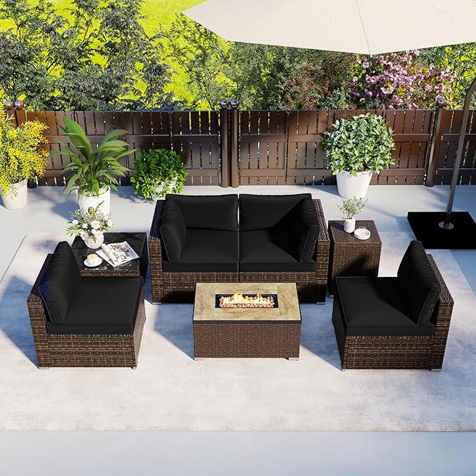 Tangkula 7 Pieces Outdoor Sectional Sofa Set Set with 32” Fire Pit Table and Propane Tank Cover, for Deck, Garden and Backyard, Fire Pit Protective Cover Included (Black)