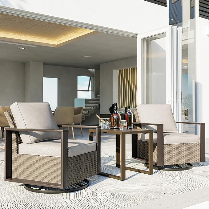 3 Piece Patio Chair Set, Outdoor Swivel Rocker Patio Chairs and Side Table, Metal Patio Furniture with Deep Seating, Thicken Cushions for Deck, Porch, Yard Use (Beige, 3 PCS/Swivel)