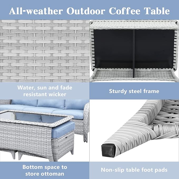 Belord Modern Light Grey Wicker Patio Coffee Table, Rectangular Glass Top, 1 PC - Coffee Table (A077)