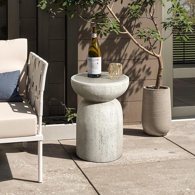 LuxenHome 20" Outdoor Side Table, MgO Rustic End Tables for Patio,Off White and Gray Weathered Round Table, Small Accent Table for Indoor Outdoor Use, Decorative Garden Stool