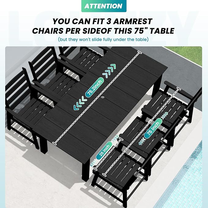 LOUNZY 7 Pieces Patio Dining Sets, 75.2'' Table Outdoor HDPE Furniture Set w/ 2" Hole Cut-Out Dining Table with 6 Patio Chairs for Lawn, Pool and Yard,Black