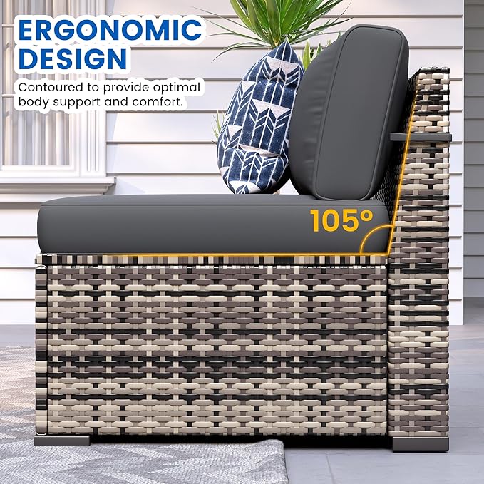 8-Piece Patio Furniture Set with 44” Fire Pit Table - All-Weather Wicker Conversation Sectional Sofa & Coffee Table with Thickened Cushions for Backyard, Garden(Grey)