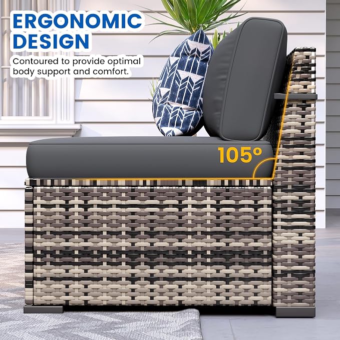 8 Pieces Outdoor Patio Furniture Set with 44" Fire Pit Table Yellow Rattan Sectional Conversation Sets w/Gas Fire Pit, Coffee Table, 1 Waterproof Covers, Dark Grey