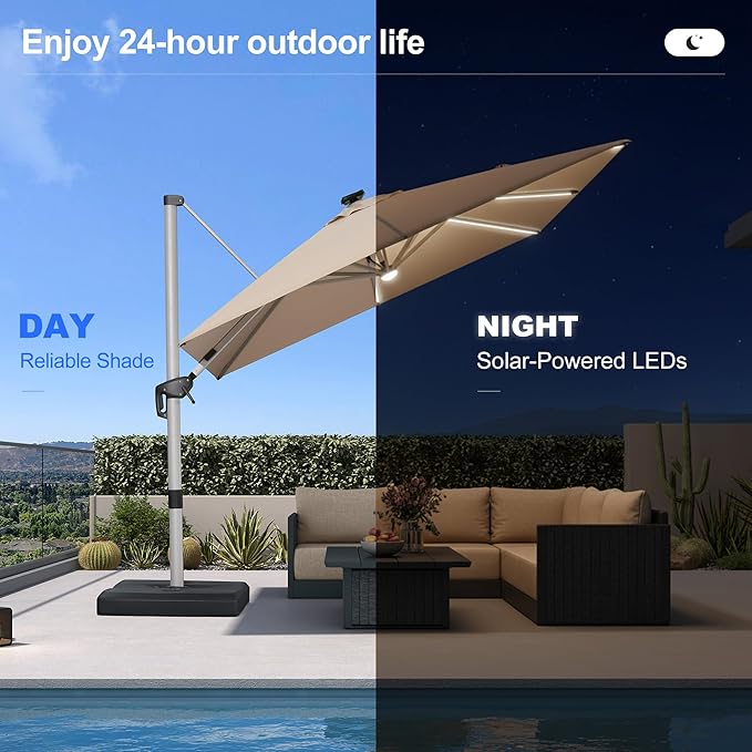 PURPLE LEAF 9 Feet Patio Umbrella with Lights Outdoor Square Cantilever Umbrella Solar Powered LED with 360-degree Rotation for Garden Deck Pool Patio, Beige