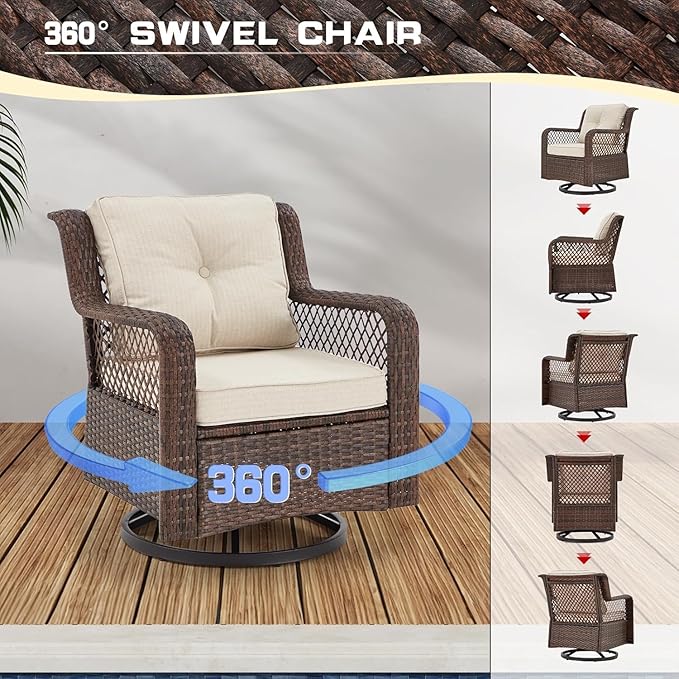 6 Pieces Wicker Patio Furniture Set Conversations Sets, 2 Outdoor 360° Swivel Chairs, Patio Swivel Chair with Table and Ottoman for Garden, Poolside, Backyard (Beige)