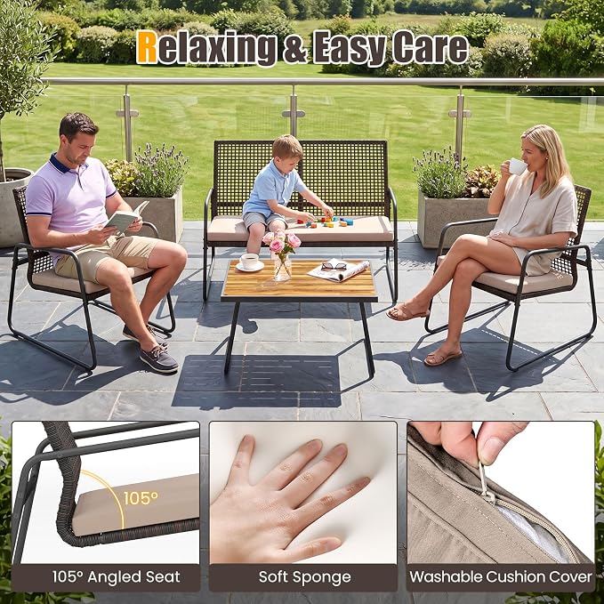 Tangkula 4 Pieces Patio Furniture Set, PE Wicker Rattan Conversation Set with Acacia Wood Coffee Table & Zippered Cushions, Outside Seating Set for Backyard, Garden & Deck (Beige, 4 Pcs)