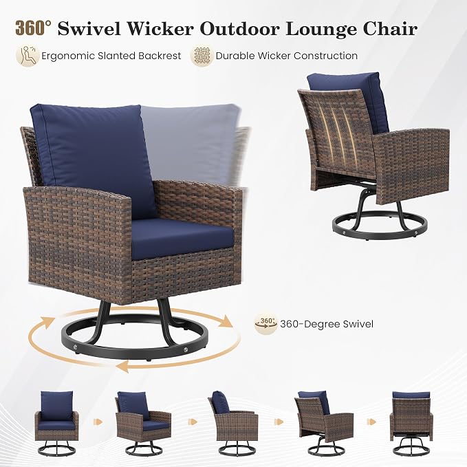 Amopatio Patio Furniture Set with Fire Pit Table,7 Pieces Conversation Set with 360°Swivel Chairs, All Weather Wicker Outdoor Furniture for Backyard Garden Pool Deck,Blue